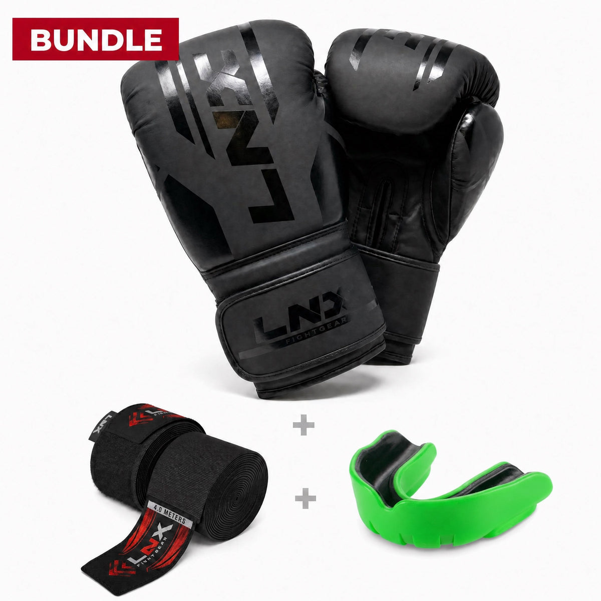 Boxhandschuhe Pro Bundle mit Bandagen und grünem Zahnschutz