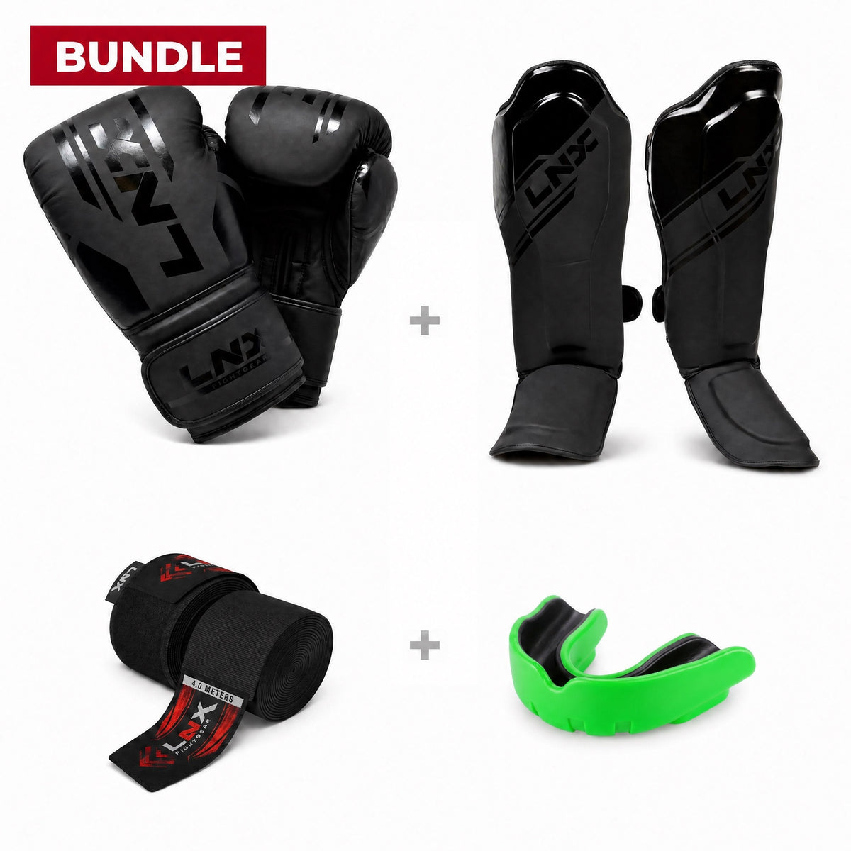 Sparring Pro Bundle mit Schienbeinschützern, Bandagen und grünem Zahnschutz